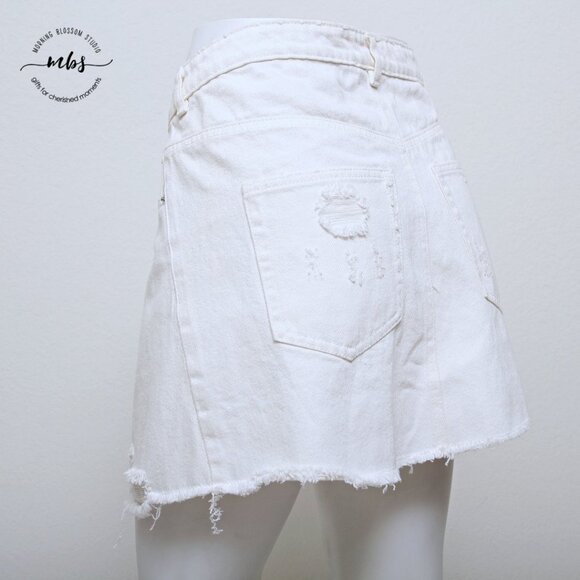 NWT Etophe Studios Asymmetrical Distressed Mini Denim Skirt with Raw Hem - Picture 9 of 13
